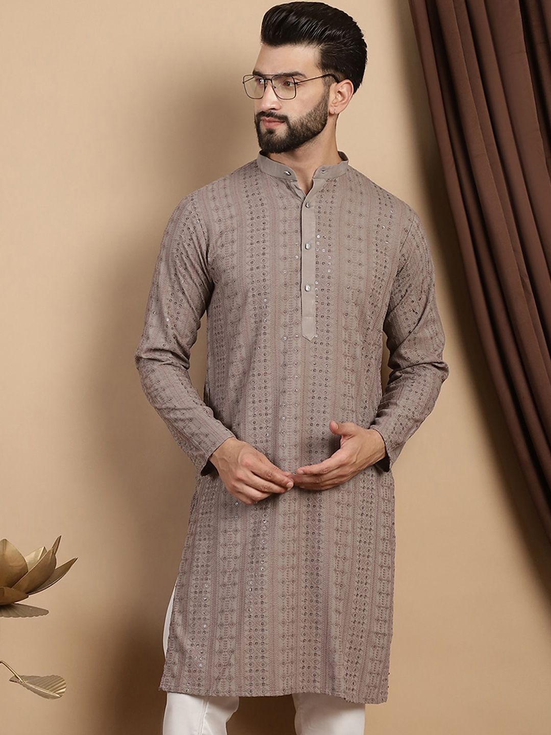 Anouk Floral Embroidered Thread Work Sequinned  Mandarin Collar Pure Cotton Straight Kurta