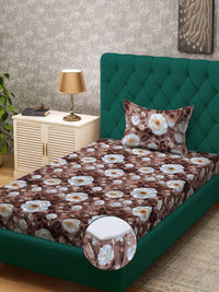 KLOTTHE Brown & White Floral Printed Fitted 300TC Single 7D Bedsheet With Pillow Cover