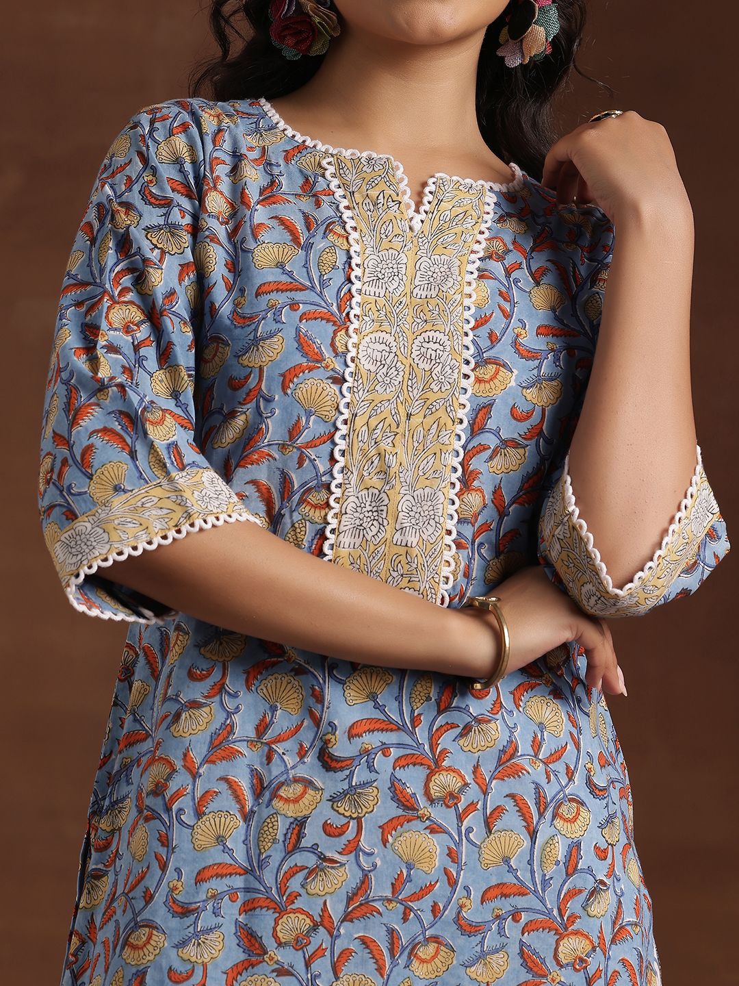 Libas Floral Printed Notch Neck Pure Cotton Straight Kurta with Palazzo & Dupatta