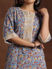 Libas Floral Printed Notch Neck Pure Cotton Straight Kurta with Palazzo & Dupatta