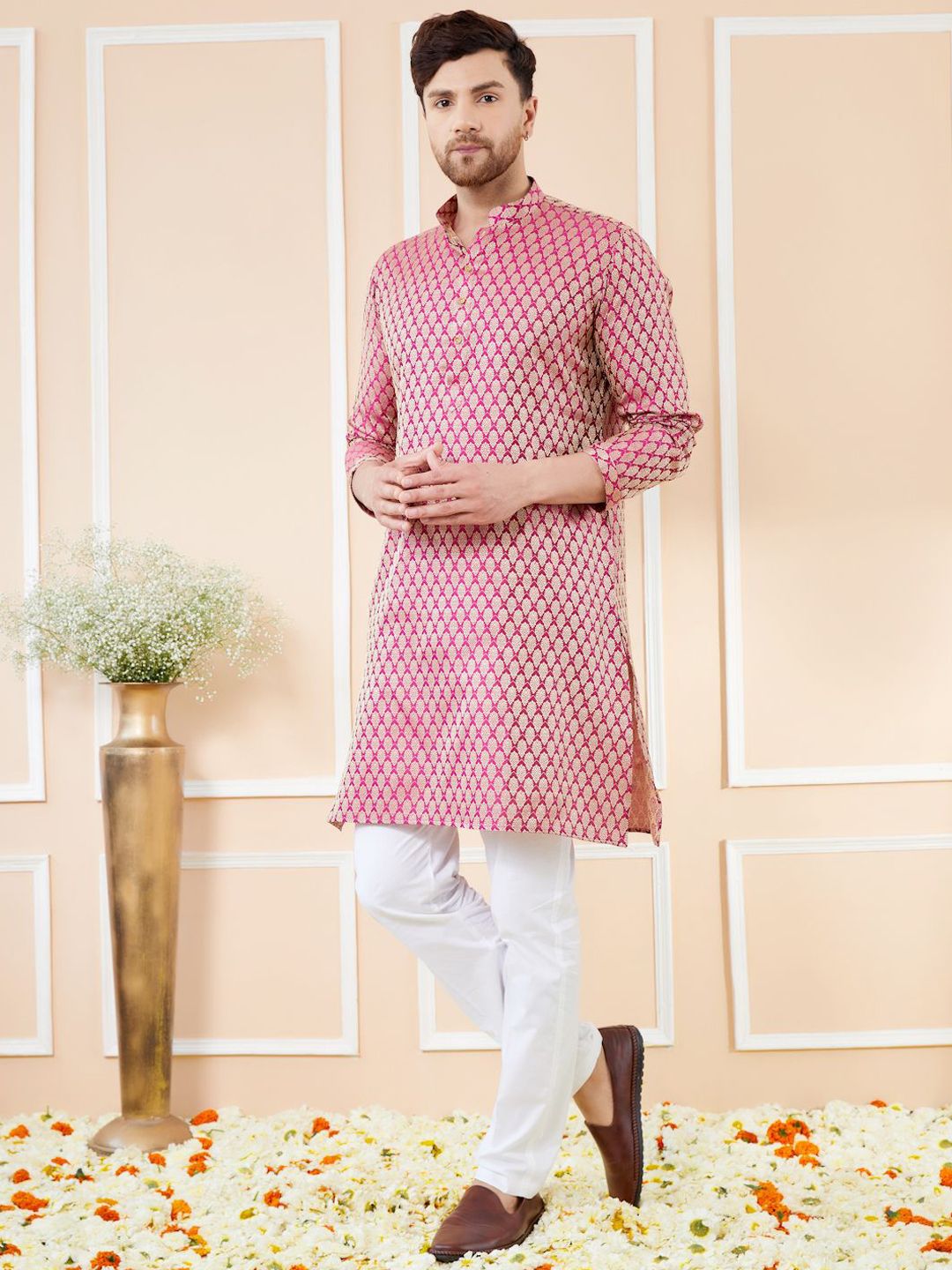 See Designs Ethnic Motifs Woven Design Long Sleeves Regular Straight Kurta & Pyjama