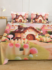 Cetakan Kartun Coklat & Hijau Dilengkapi Cadar Katil King Double 7D 400 TC Dengan 2 Sarung Bantal