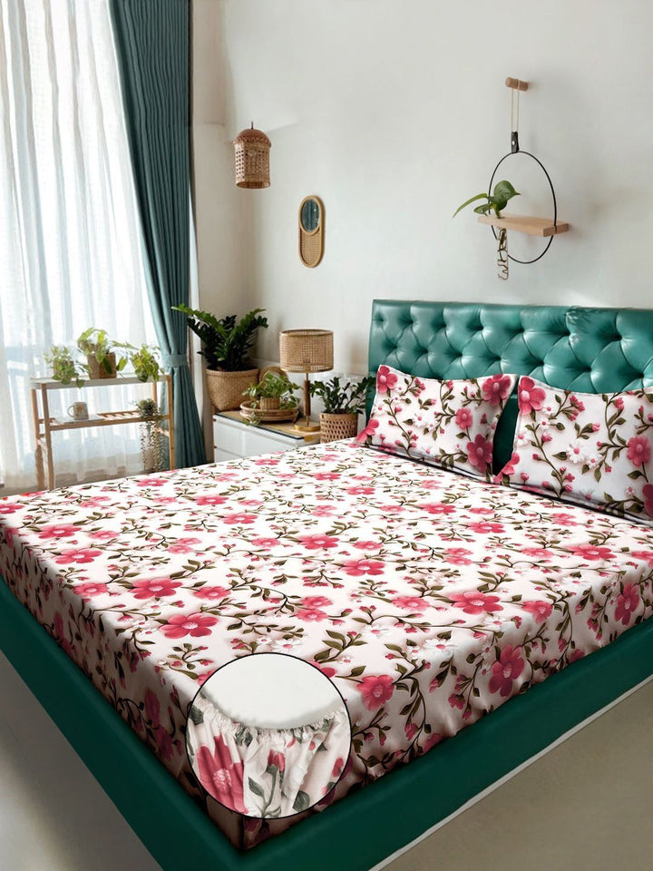 Myntra Elegant Cream Floral Printed Fitted 300 TC King 7D Bedsheet & 2 Pillow Covers
