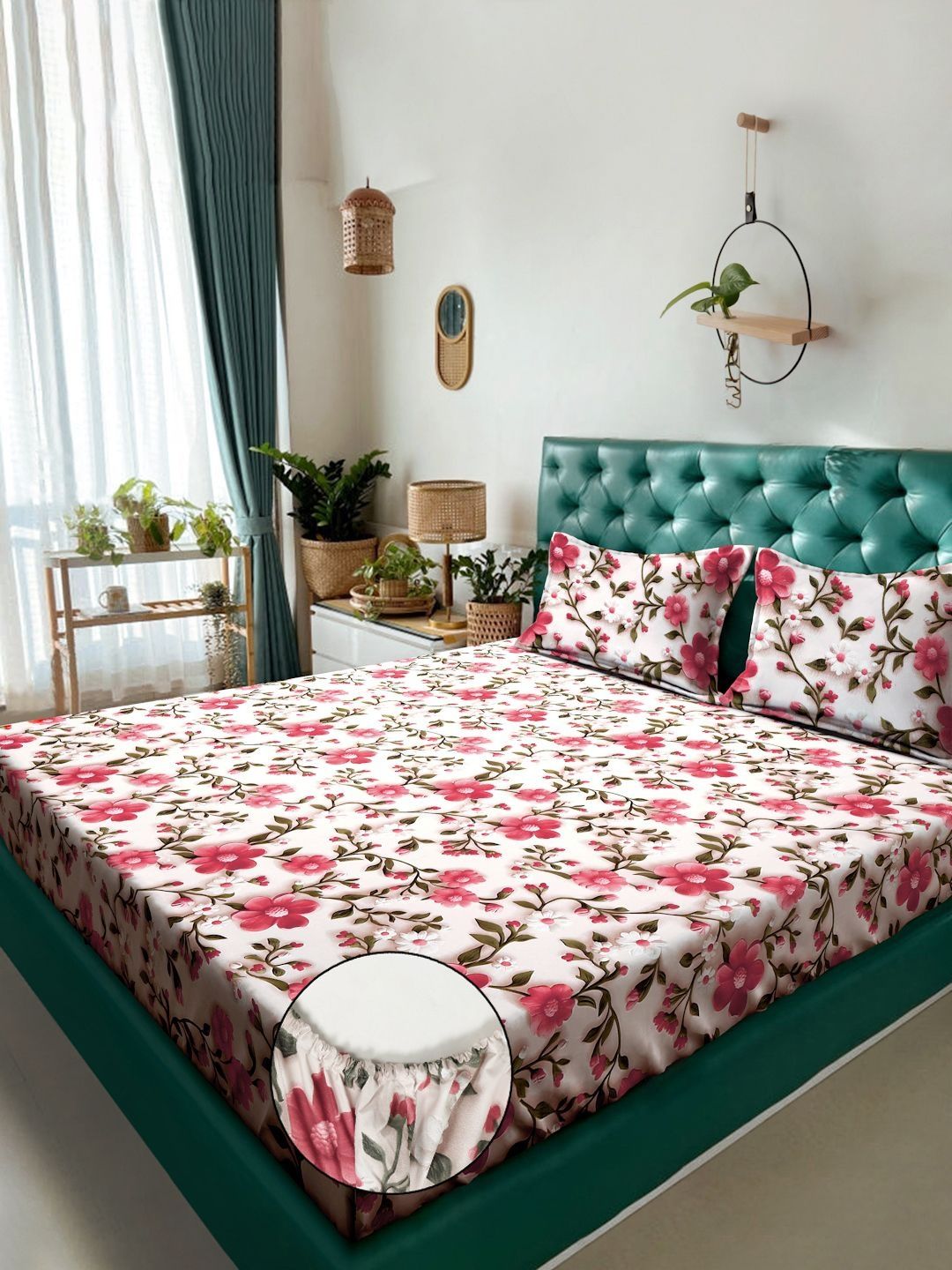Myntra Elegant Cream Floral Printed Fitted 300 TC King 7D Bedsheet & 2 Pillow Covers