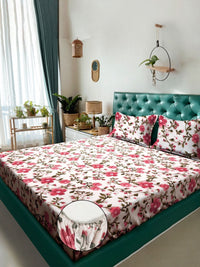 Myntra Elegant Cream Floral Printed Fitted 300 TC King 7D Bedsheet & 2 Pillow Covers