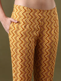 Anouk Mustard Yellow Floral Printed Mandarin Collar PureCotton Straight Kurta With Trouser