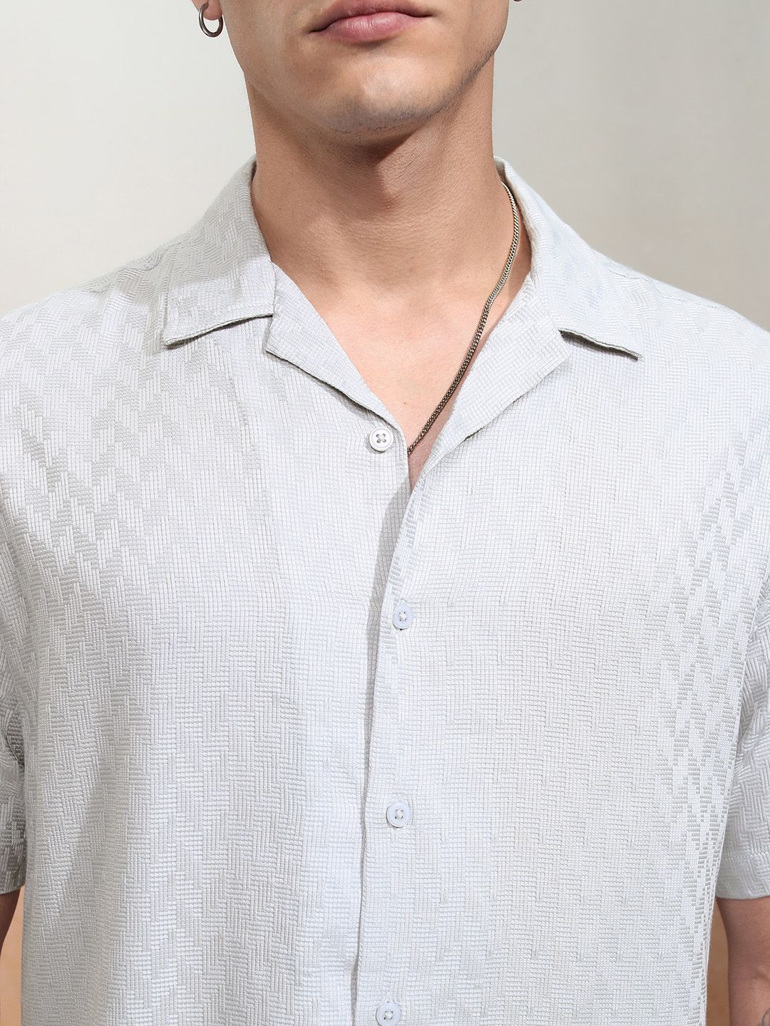 HIGHLANDER Men Dobby Textured Solid Cuban Collar Relaxed Shirt