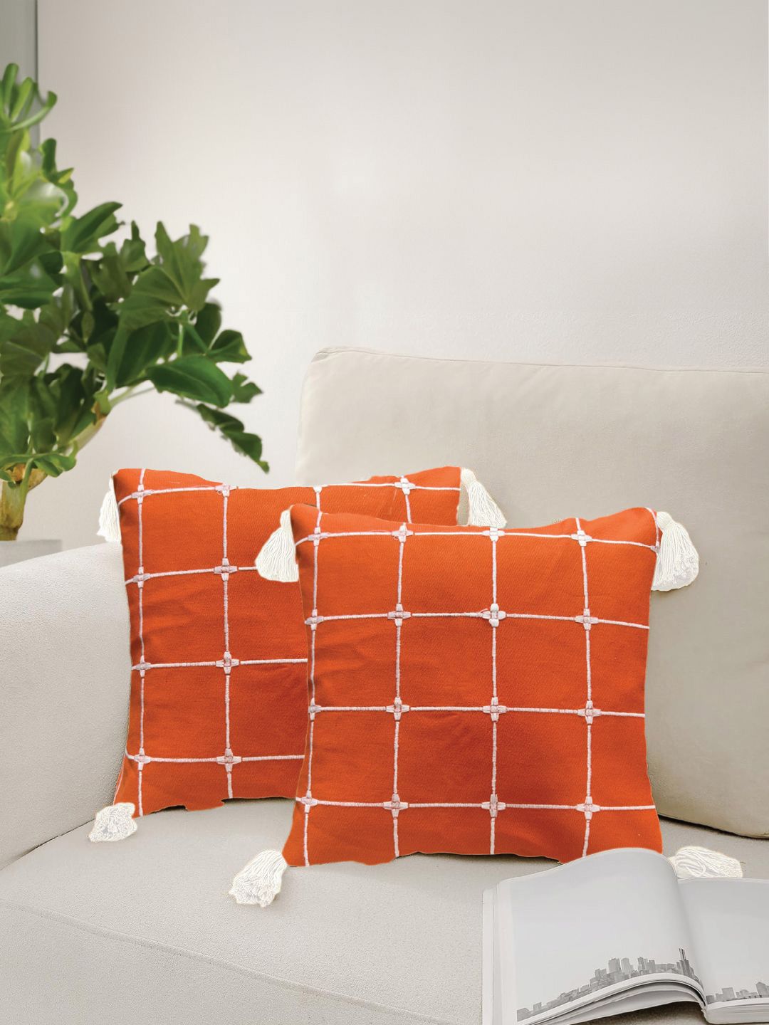 URBAN SPACE Orange & White 2 Pieces Embroidered Square Cushion Covers