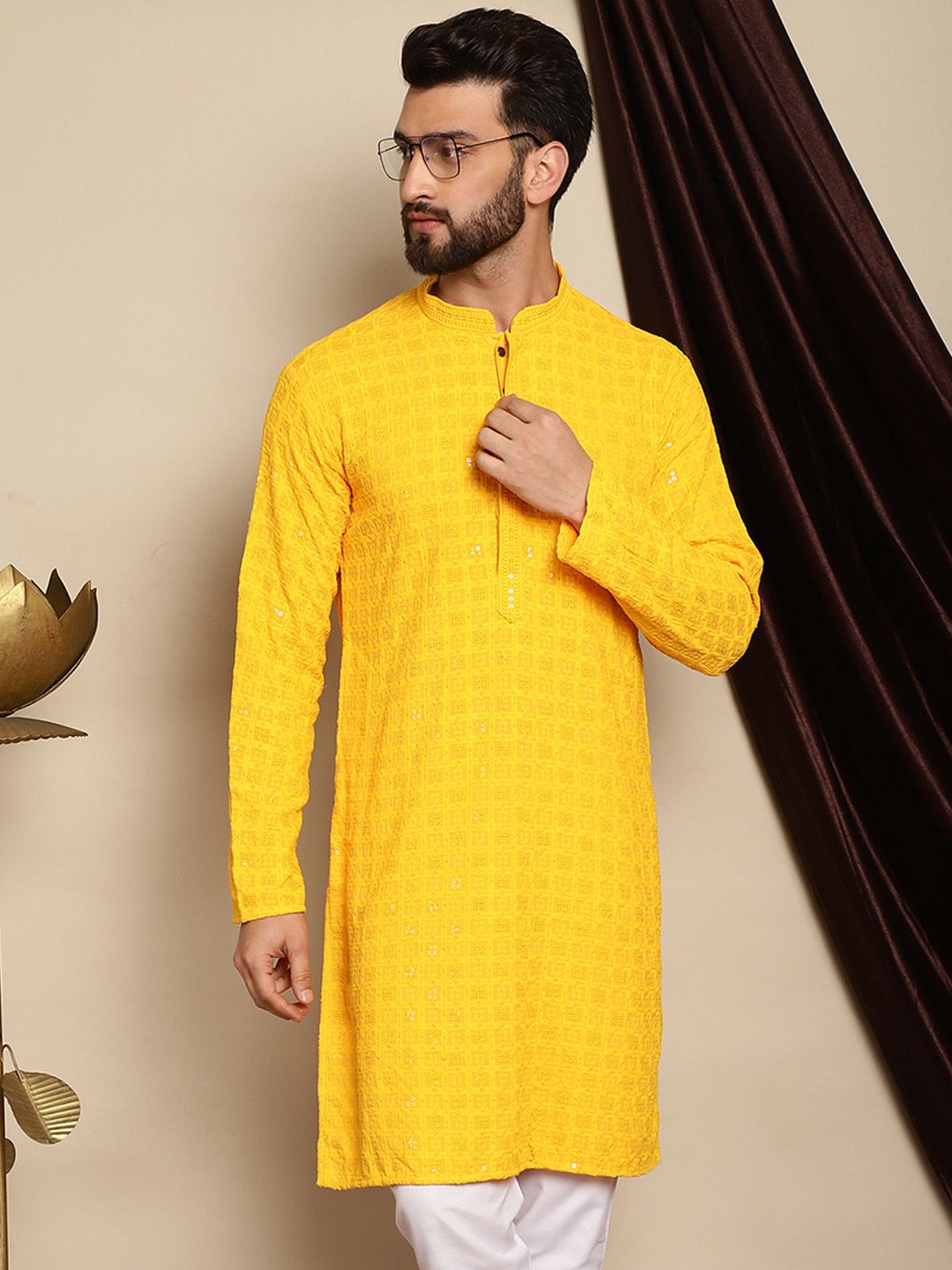 Anouk Kuning Sulam Labuci Mandarin Kolar Kapas Tulen Kurta