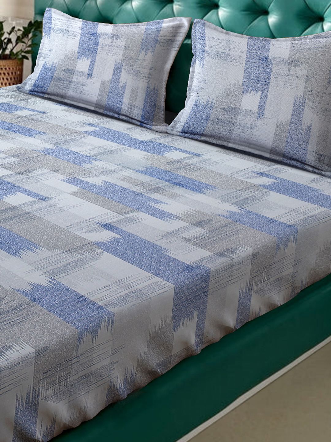 KLOTTHE Biru Geometric Kapas Tulen 400 TC Dilengkapi Cadar King Superfine dengan 2 Sarung Bantal-98 x 89 inci