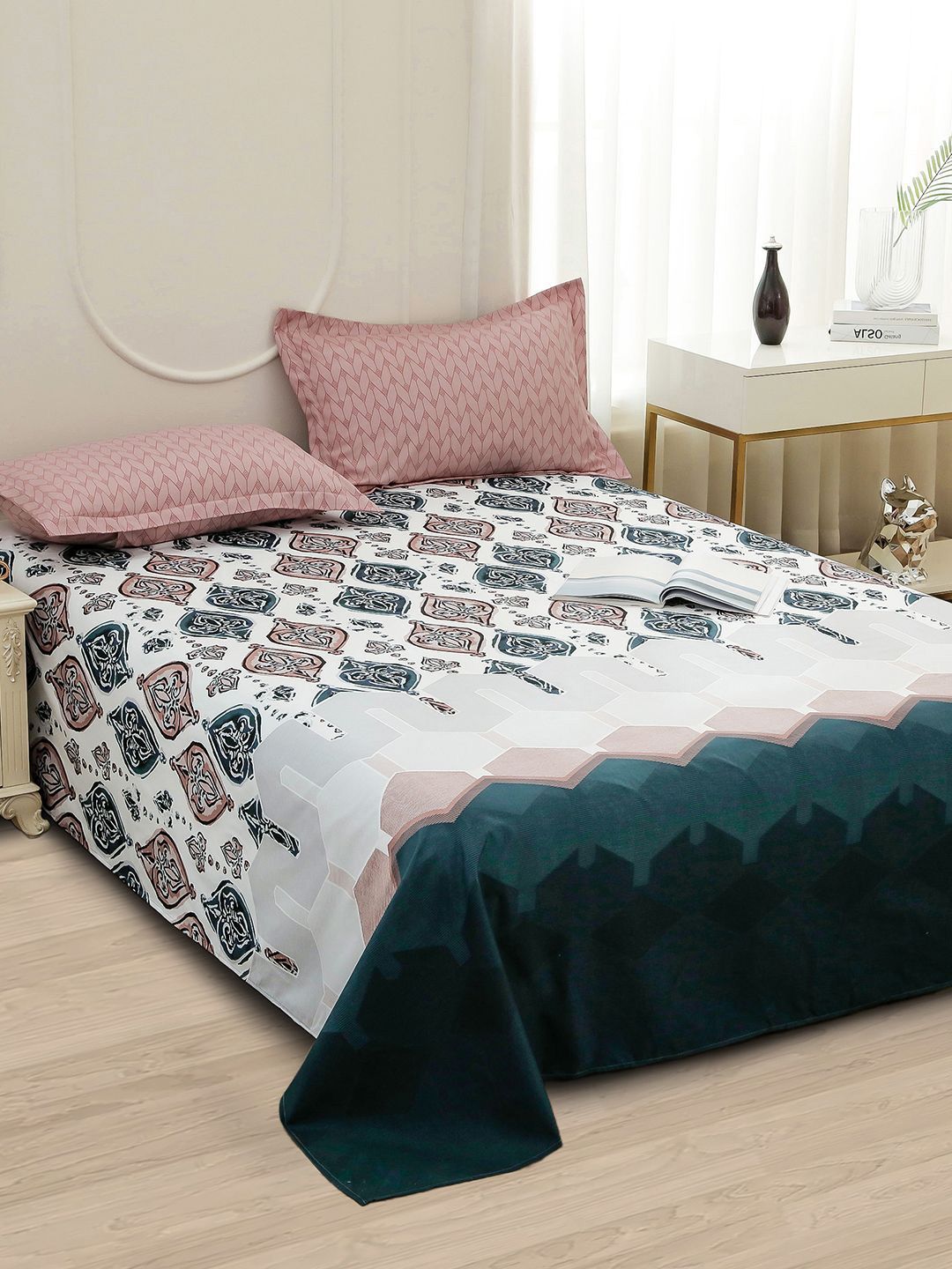 Story@home White Ethnic Printed 240 TC Satin Finish Queen Bedsheet Set