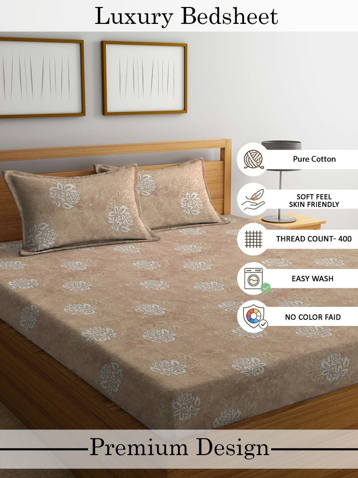 Myntra Elegant Homes Beige Floral 400 TC King Bedsheet with 2 Pillow Covers