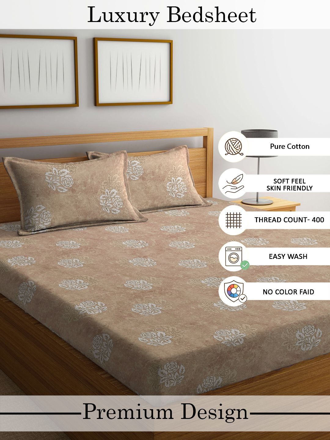 Myntra Elegant Homes Beige Floral 400 TC King Bedsheet with 2 Pillow Covers