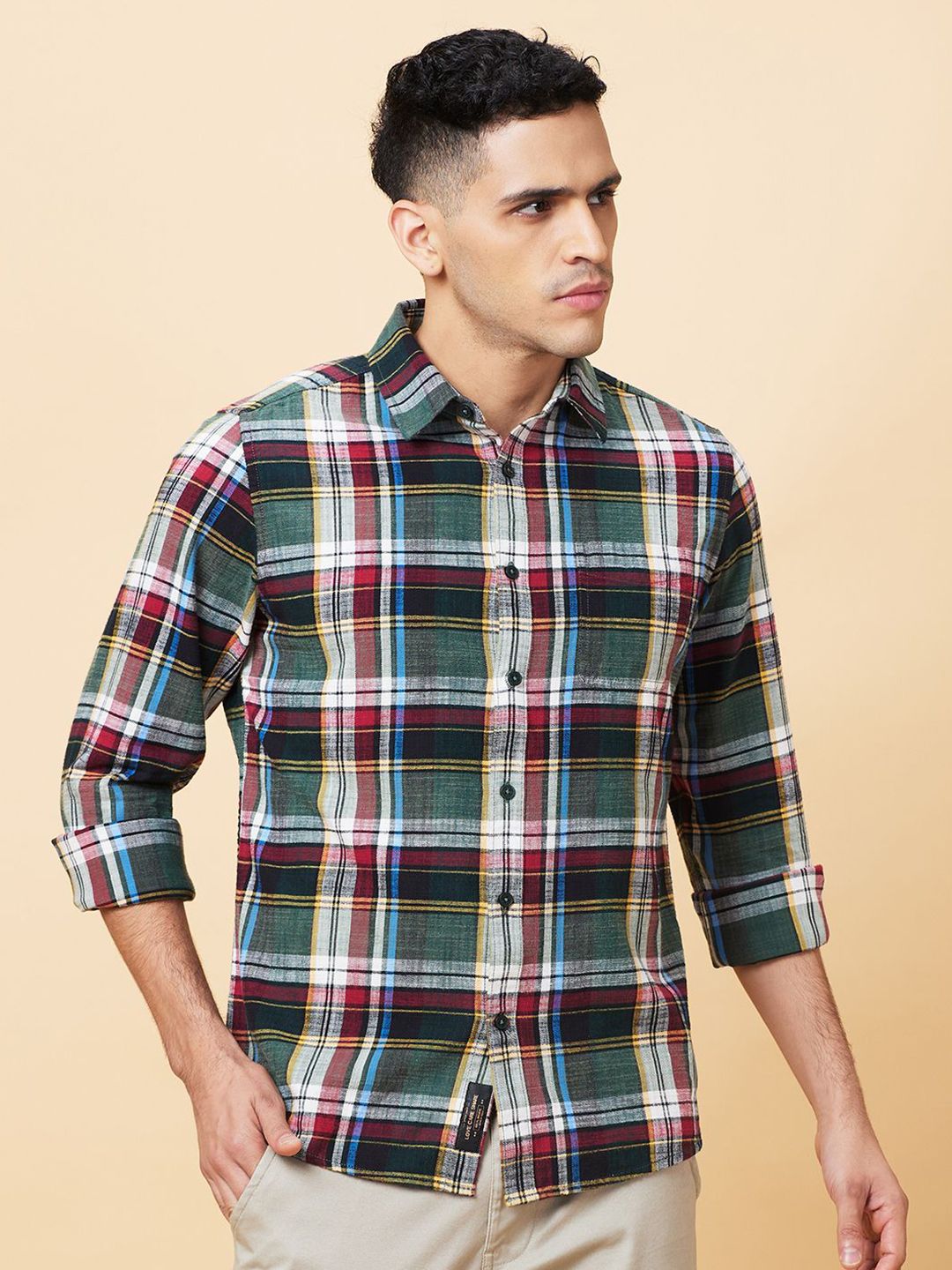 Being Human Men Classic Slim Fit Spread Collar Tartan Checked Cotton Casual Shirt