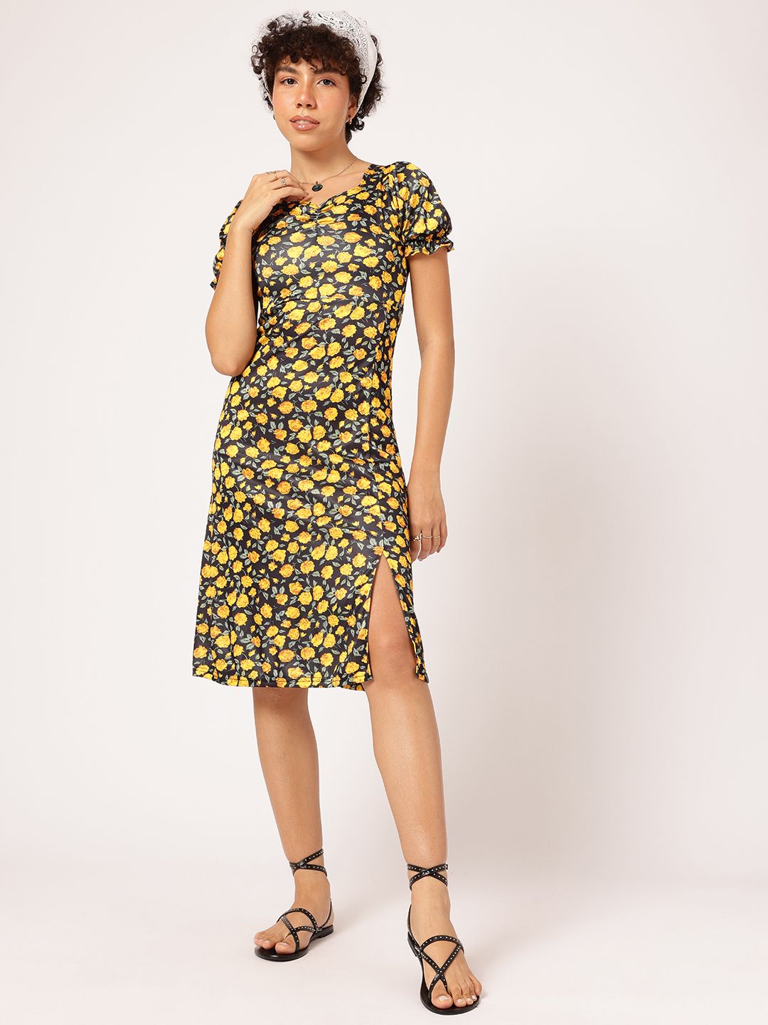DressBerry Sunshine Serenade Floral Femme Puff Sleeve A-Line Dress