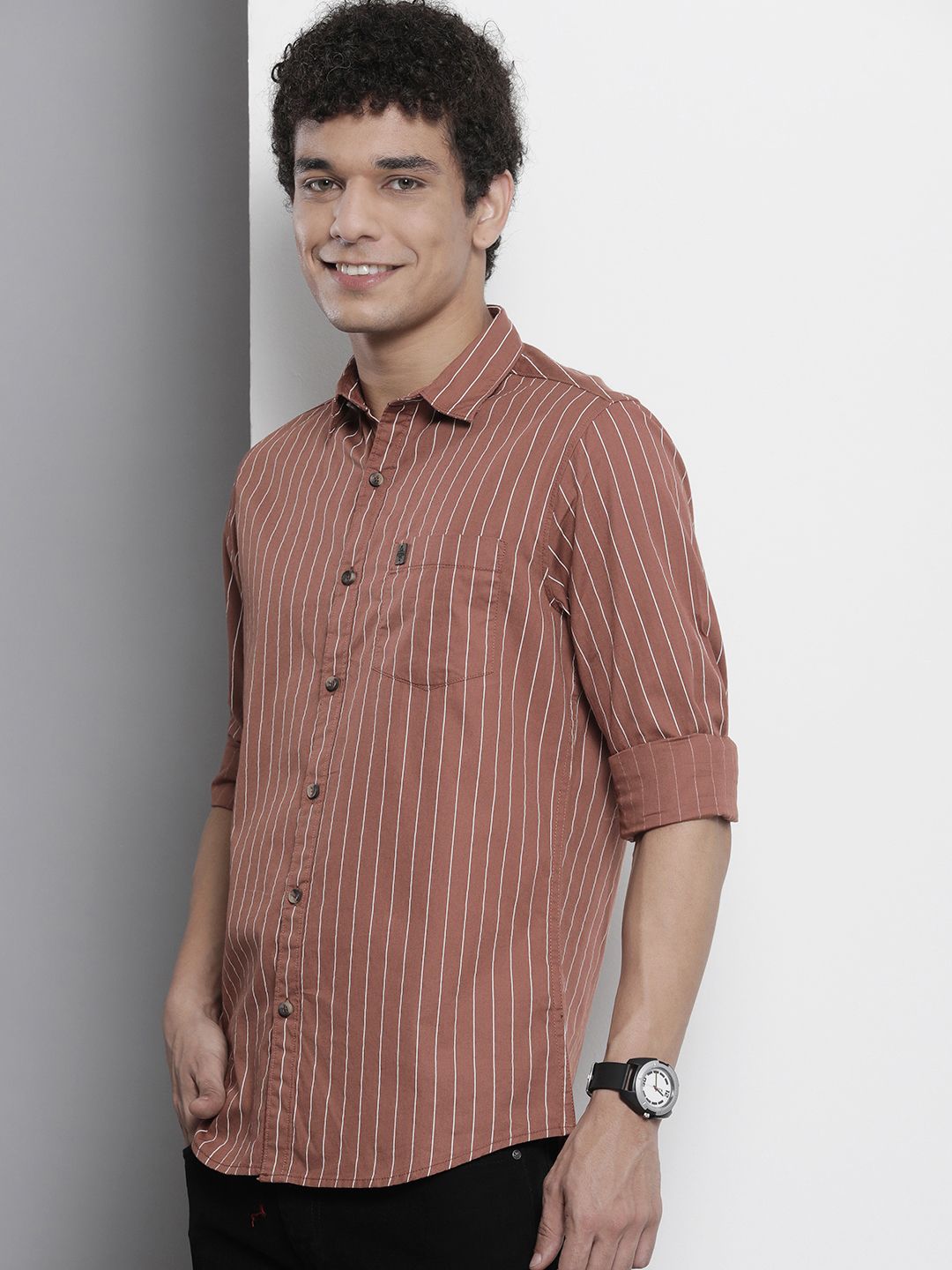 The Indian Garage Co Men Brown & White Striped Cotton Casual Shirt