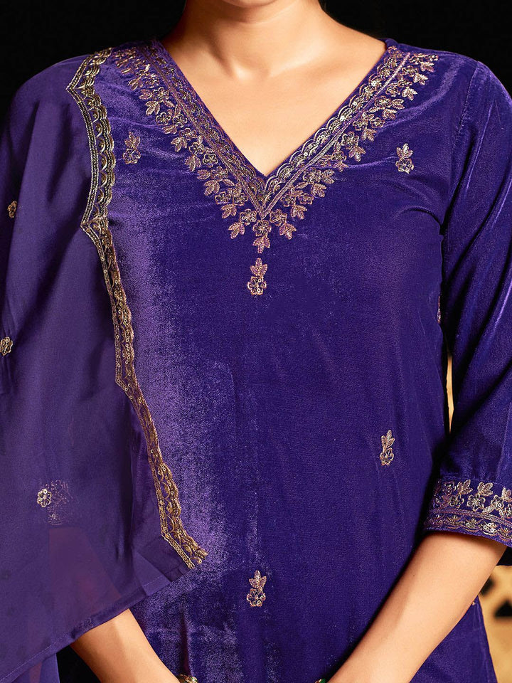 KALINI Ethnic Motifs Embroidered Sequinned Velvet Kurta with Trousers & Dupatta