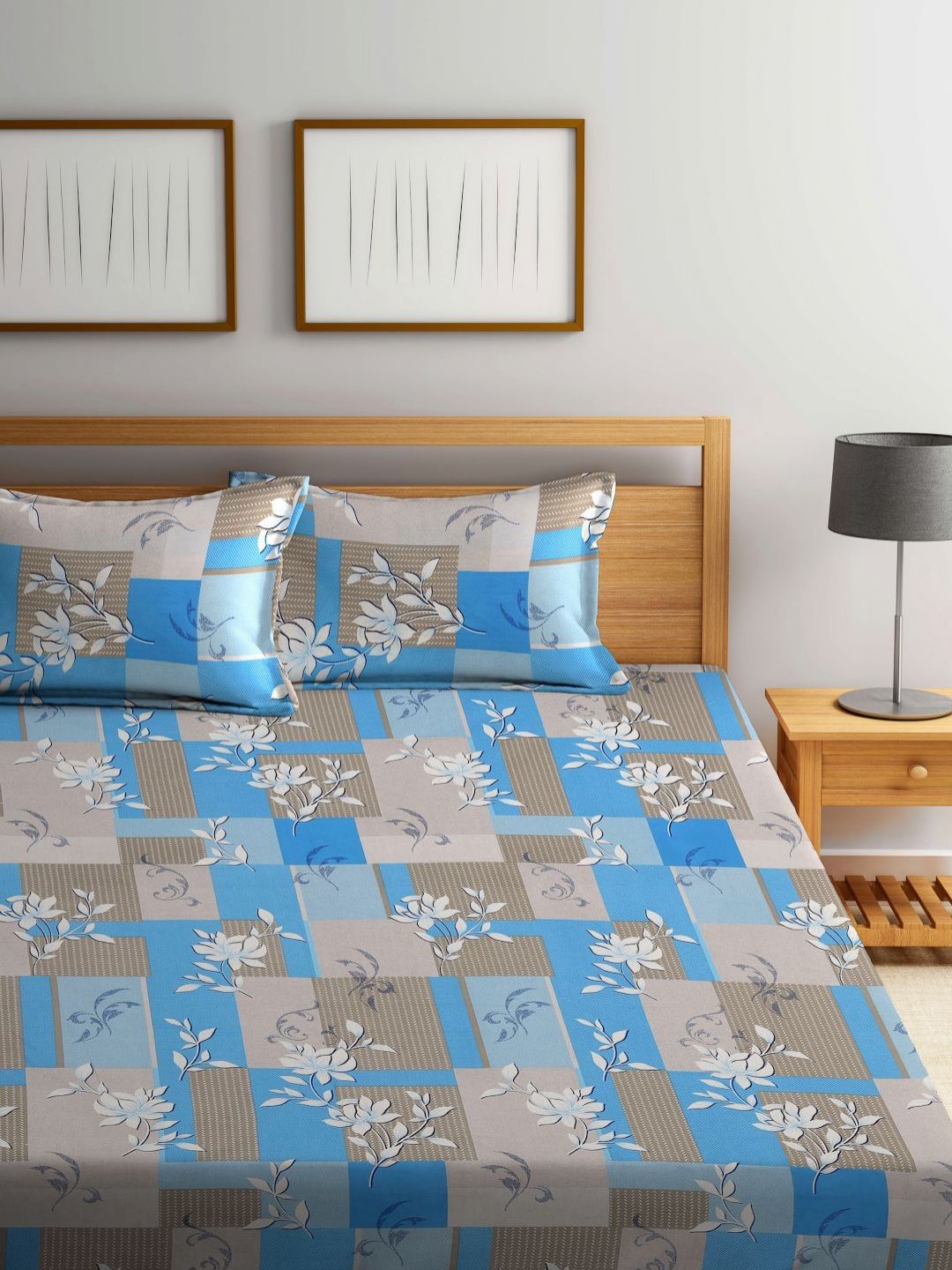 Myntra Elegant Homes Blue Floral Pure Cotton 400 TC Fitted King Superfine Bedsheet with 2 Pillow Covers-98 x 89 inches