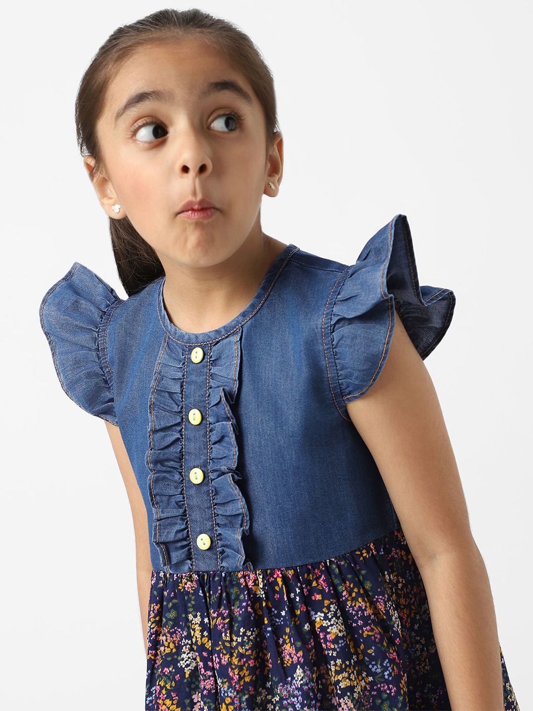 Nauti Nati Girls Denim Floral Printed Flutter Sleeves Dress
