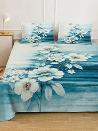 KLOTTHE Blue Floral Printed Flat 300 TC King Bedsheet With 2 Pillow Cover