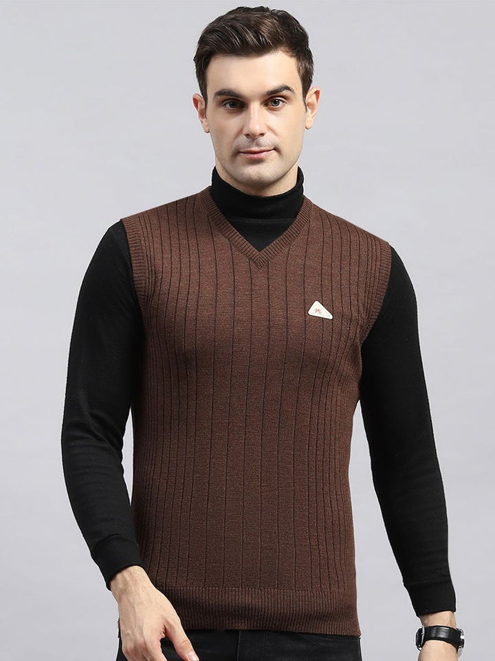 Monte Carlo Men Striped V-Neck Sleeveless Woollen Pullover