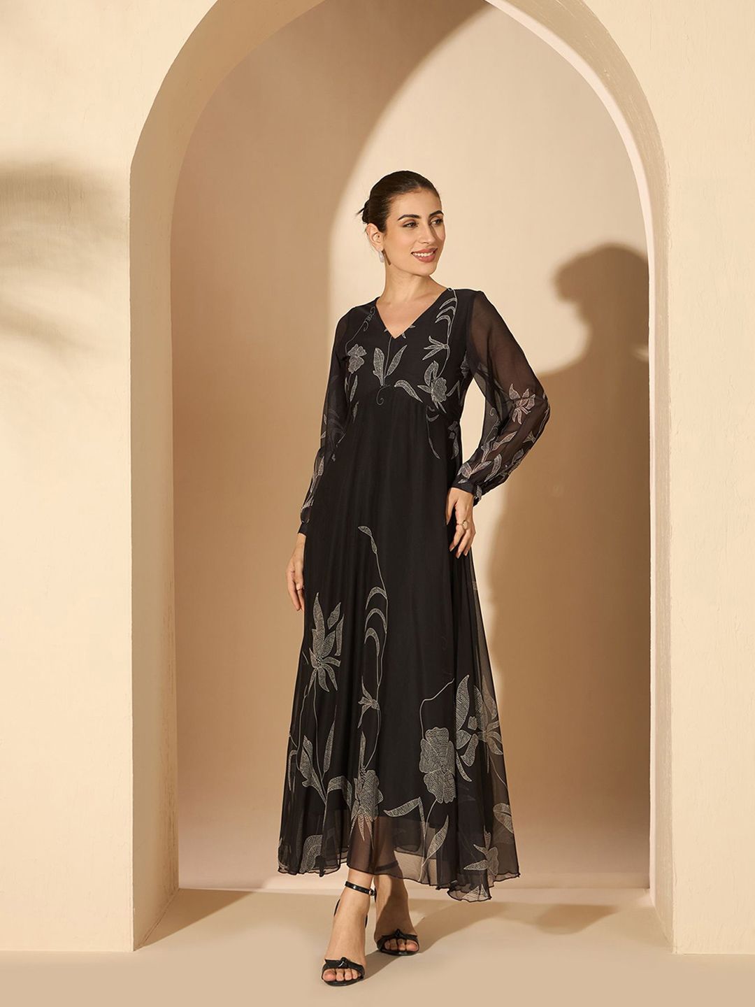 Antheaa Floral Chiffon Fit and Flare Maxi Dress