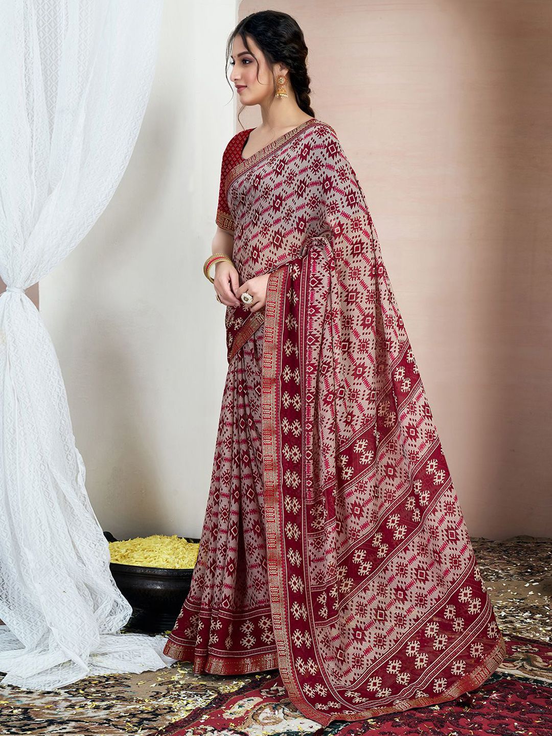 Kalini Zari Pure Chiffon Ikat Saree