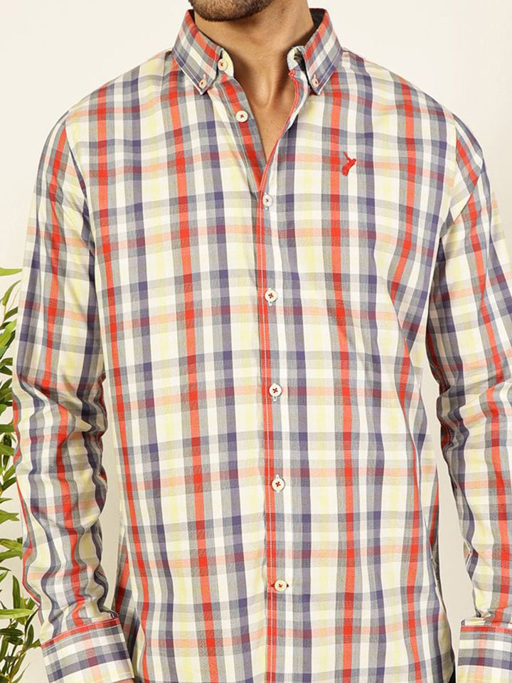 Thomas Scott Men Premium Spread Collar Tartan Checked Cotton Slim Fit Casual Shirt