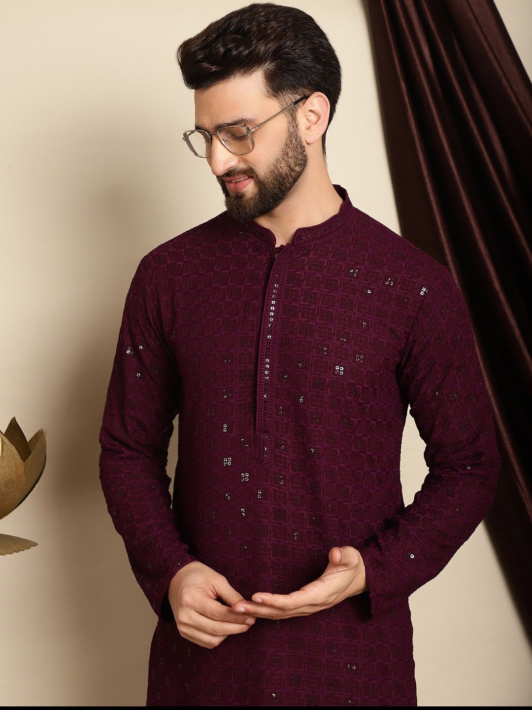 Anouk Geometric Embroidered Sequined Mandarin Collar Pure Cotton Kurta With Churidar