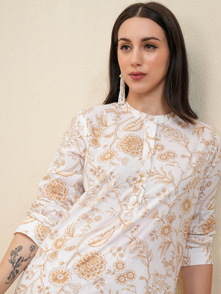 Vishudh White & Beige Floral Printed Pure Cotton Tunic With Trousers