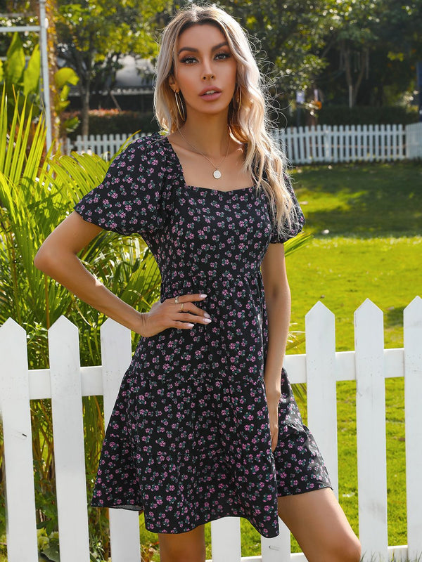 DressBerry Floral Print Puff Sleeve A-Line Tiered Dress