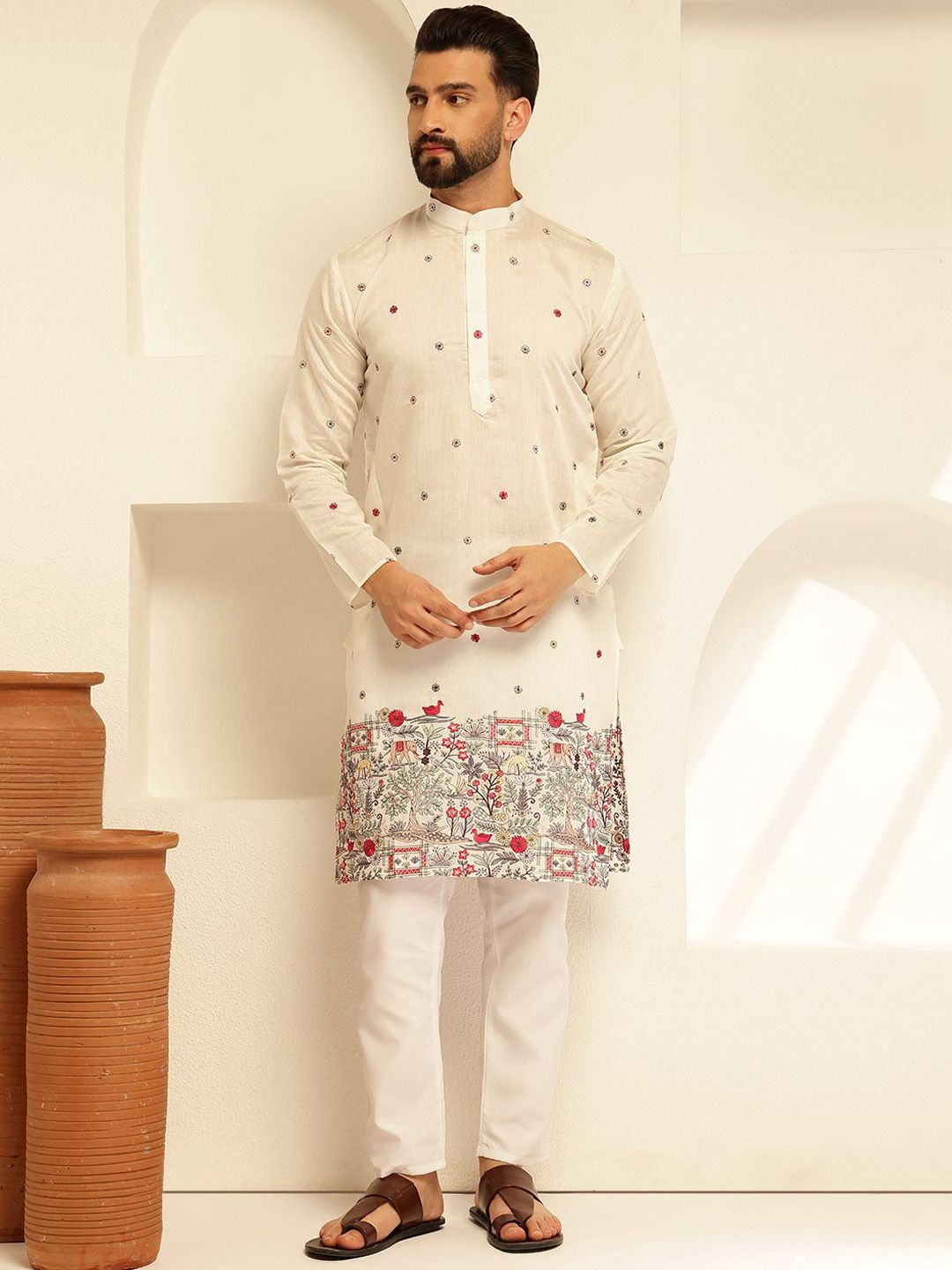 SOJANYA Floral Embroidered Mandarin Collar Thread Work Cotton Silk Straight Kurta