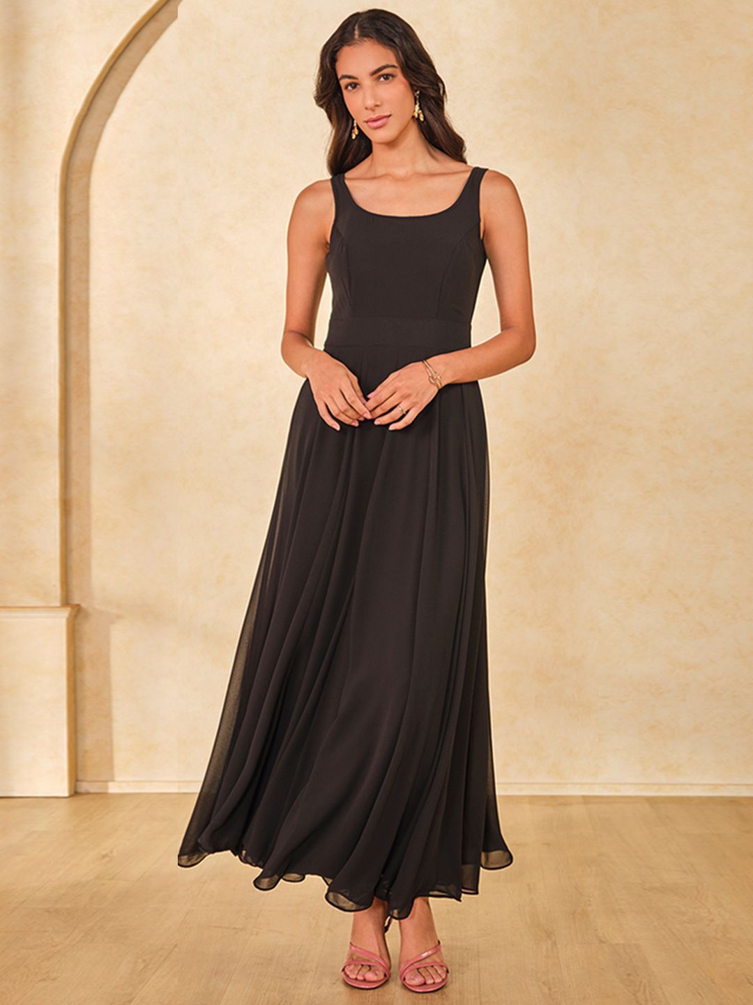 AND Women Solid Shoulder Straps Sleeveless Flared Maxi Dress