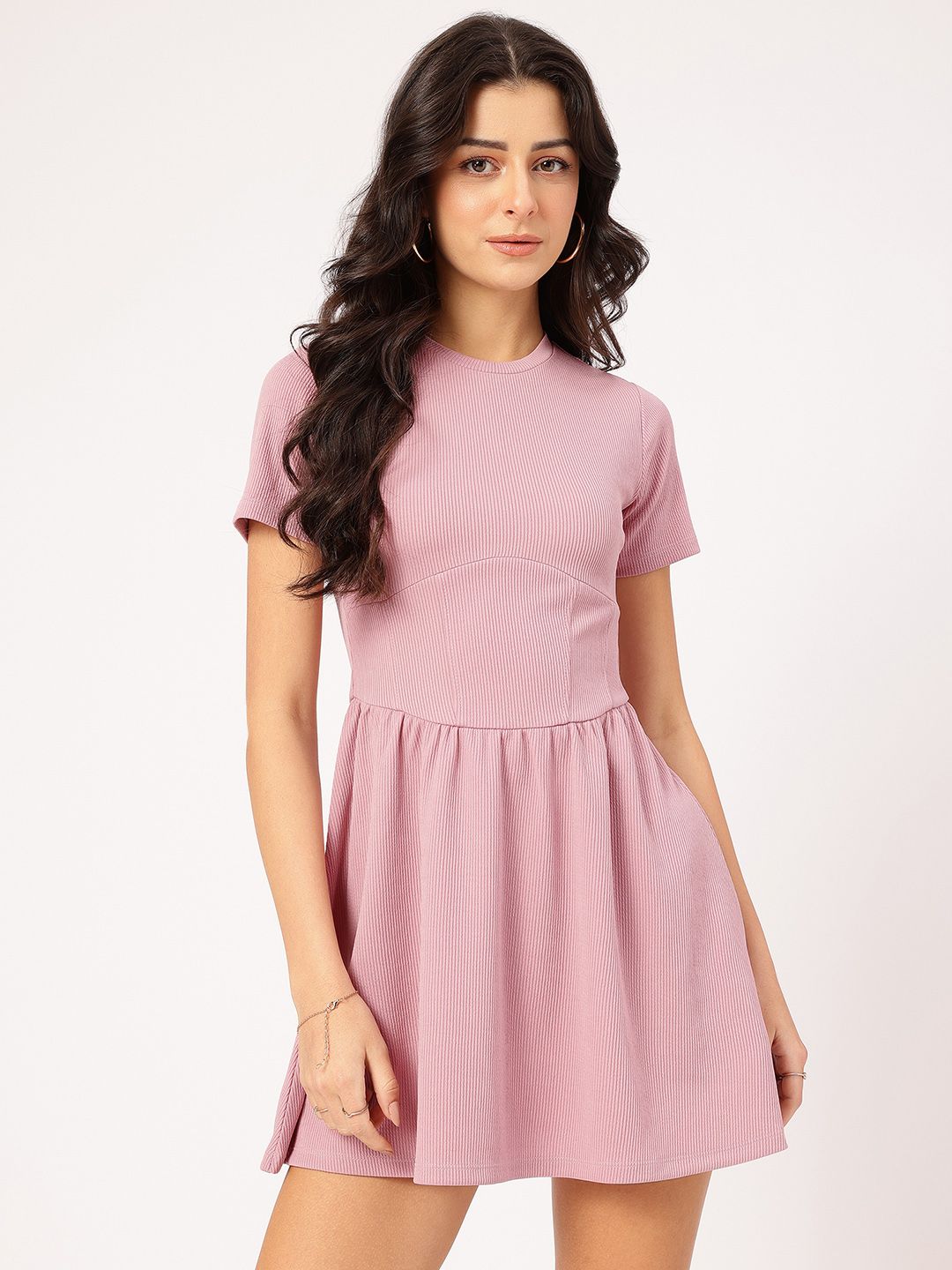 DressBerry Playful Pleats Ribbed Mini A-Line Dress