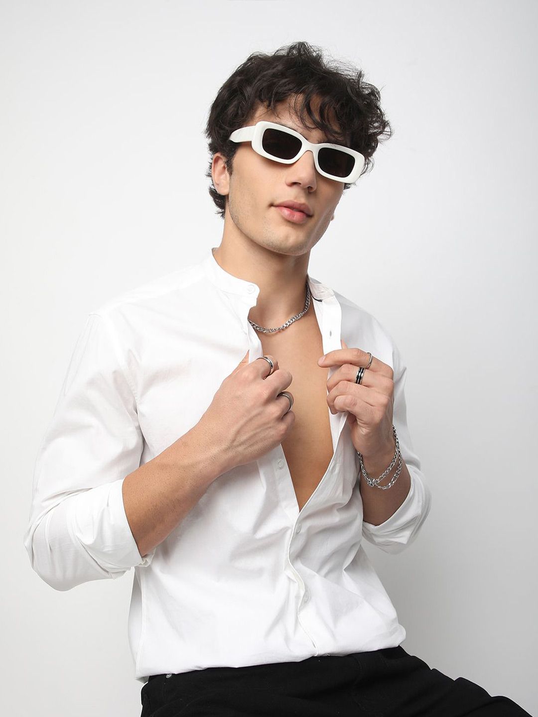 VASTRADO Men Classic Band Collar Solid Cotton Slim Fit Casual Shirt