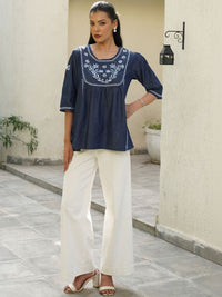 House of Chikankari Chikankari Solid Women's Ladder Lace Work- Dark Blue Tops