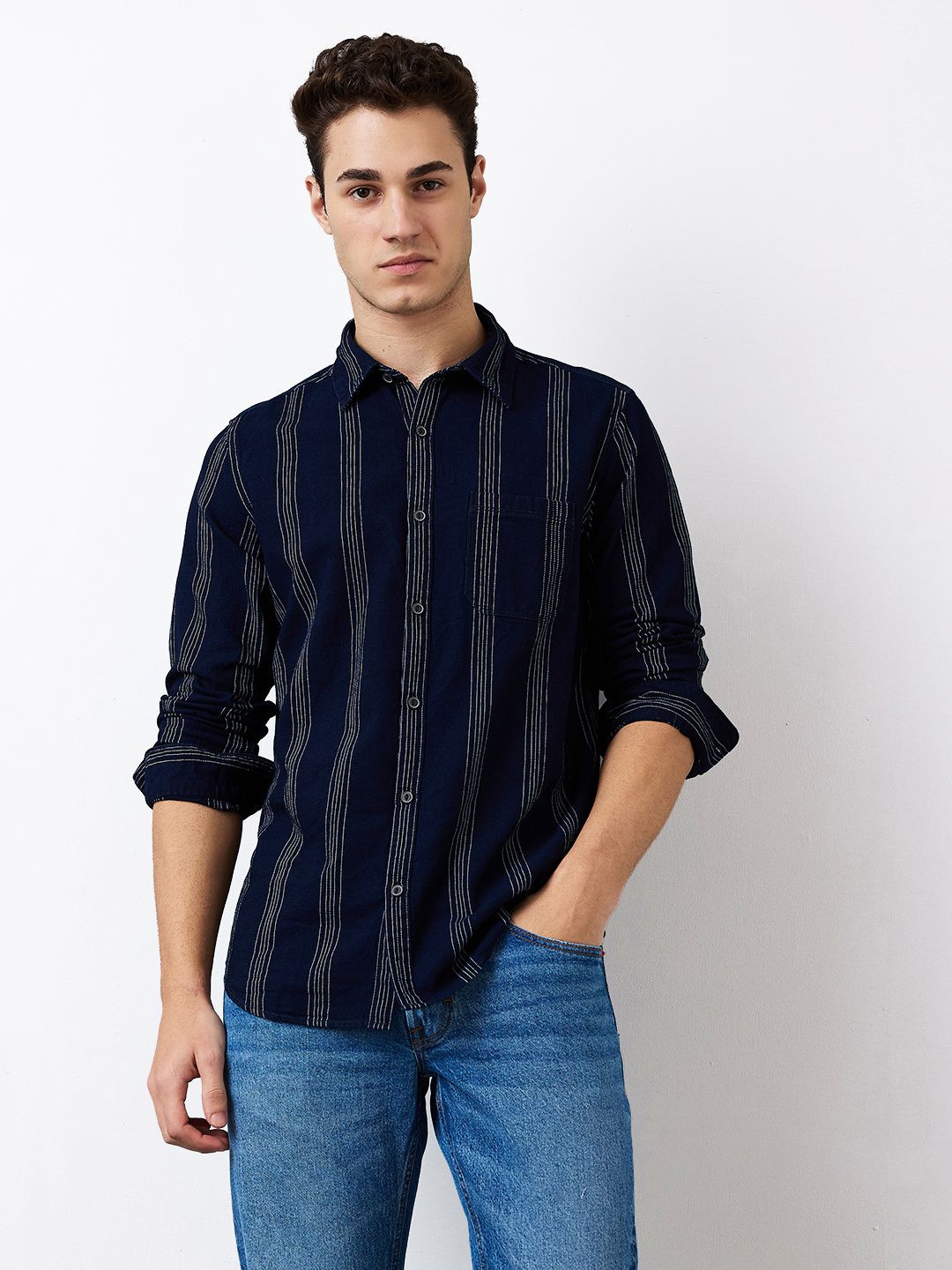 SPYKAR Men Spread Collar Vertical Striped Cotton Casual Shirt
