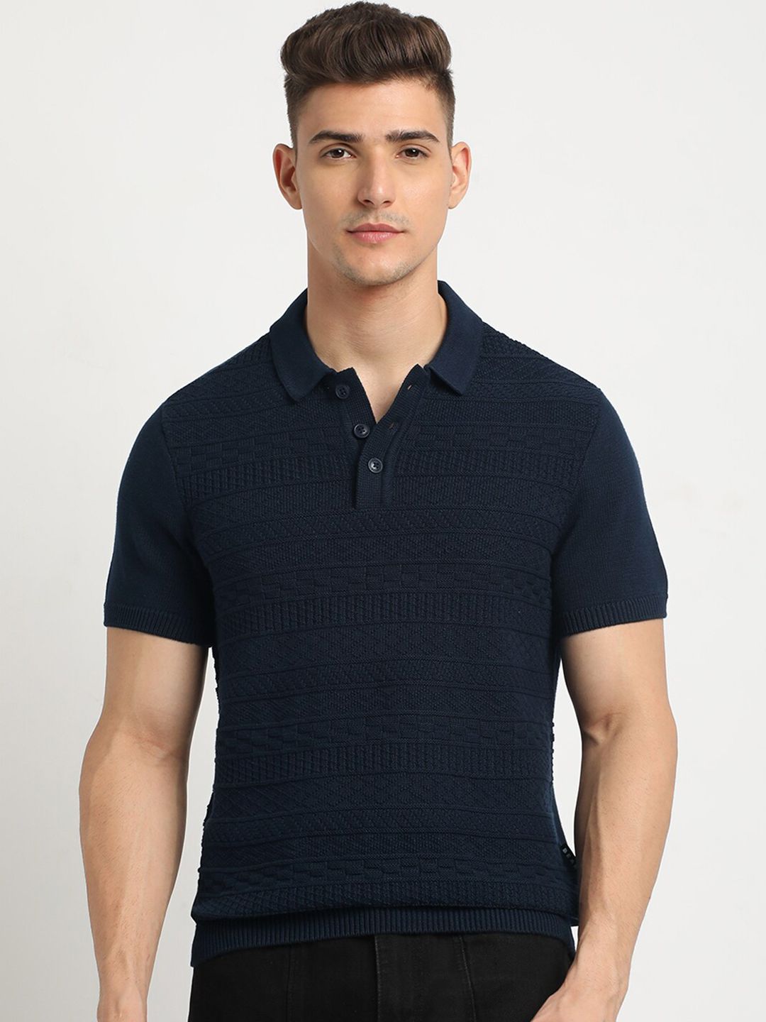 THE BEAR HOUSE Self Design Polo Collar Short Sleeves Cotton T-shirt
