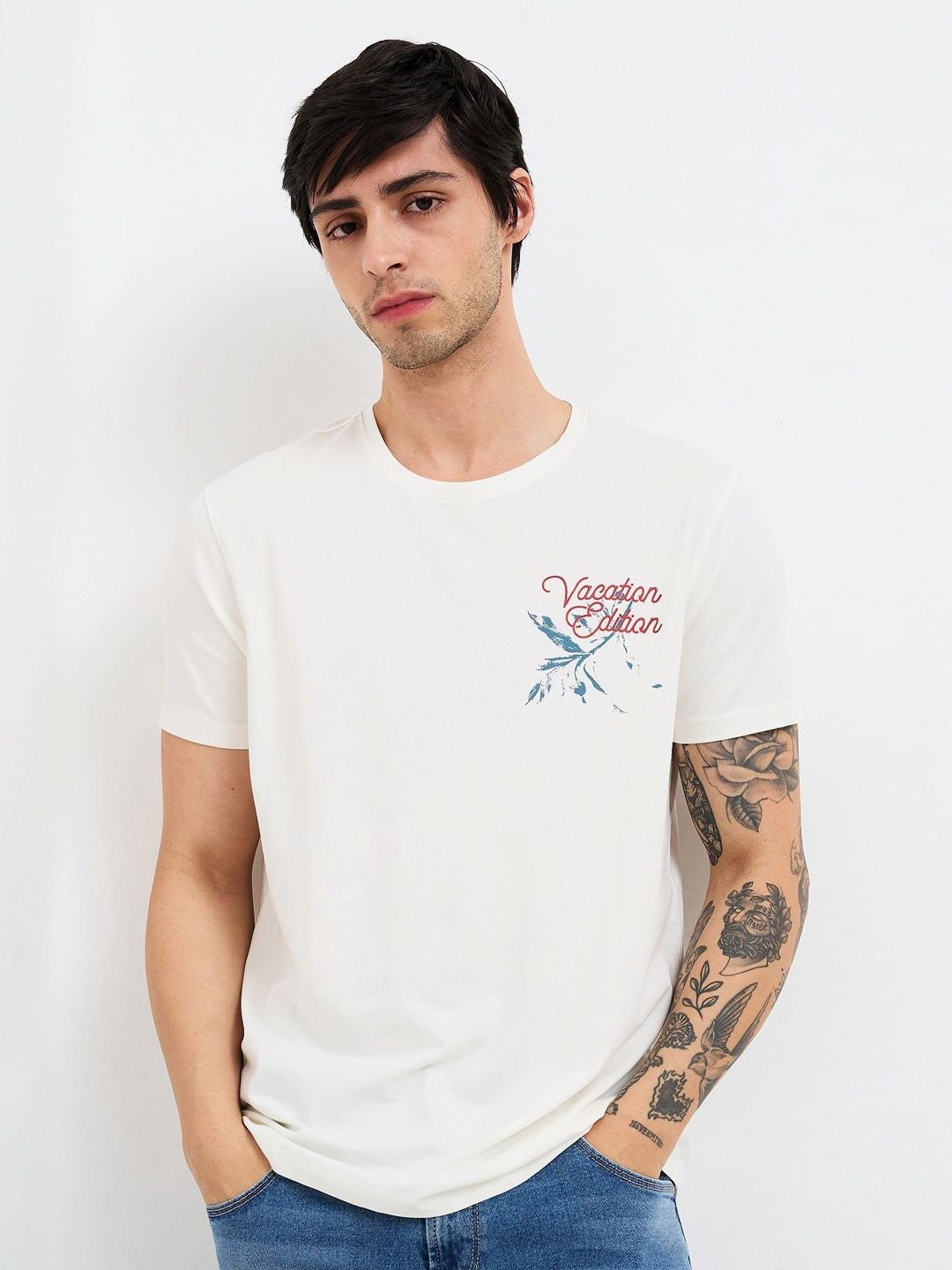 SPYKAR Men Typography Printed Round Neck Cotton Slim Fit T-shirt
