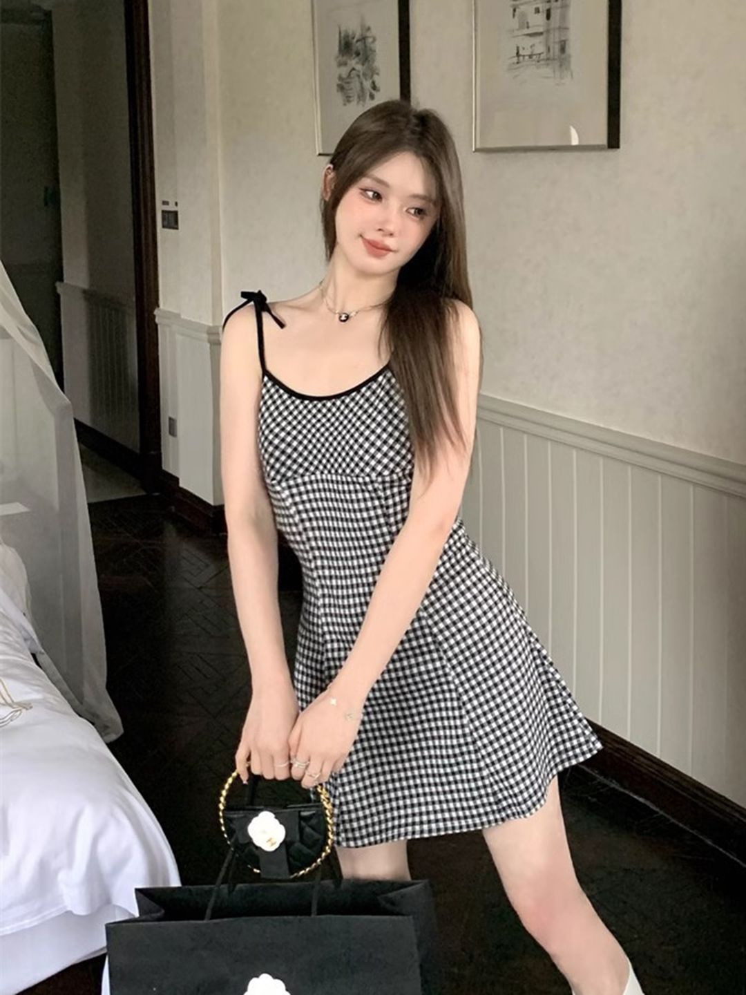 DressBerry Checked Shoulder Straps Fit & Flare Mini Dress