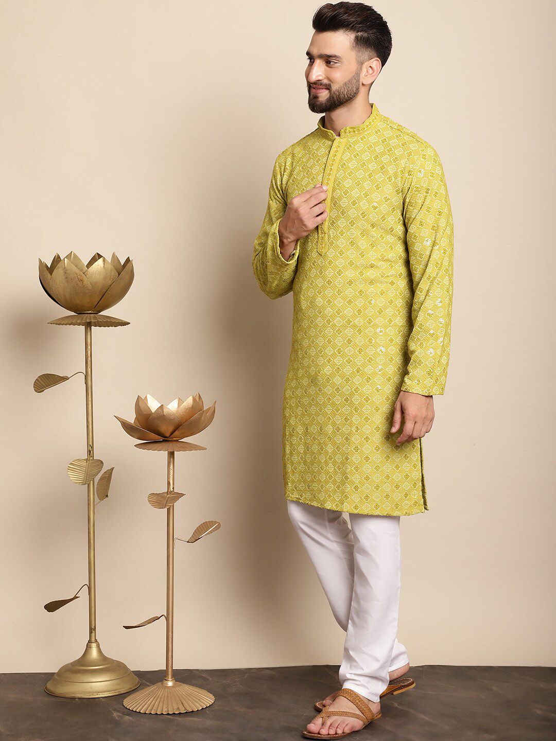 Anouk Green Ethnic Motifs Embroidered Sequinned Pure Cotton Kurta with Churidar