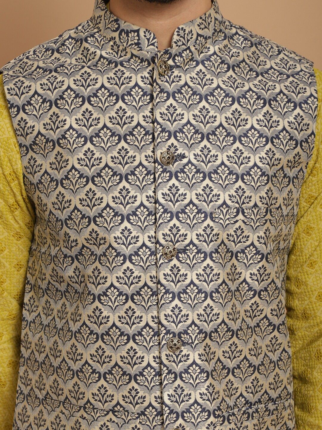 Anouk Green Woven Design Embroidered Regular Mandarin Collar Straight Kurta & Churidar