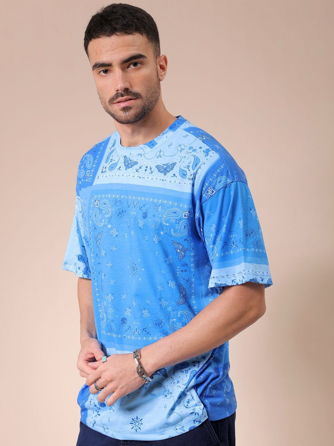 The Indian Garage Co Men Abstract Printed Round Neck Oversized T-shirt