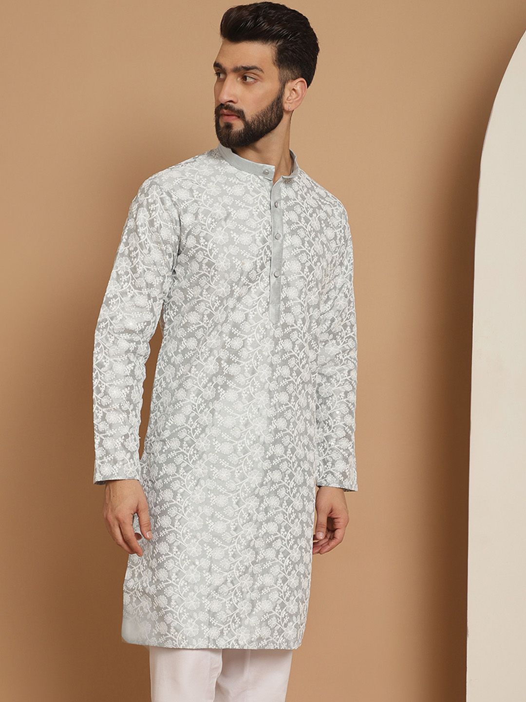 Anouk Men Grey Geometric Thread Work Pathani Kurta