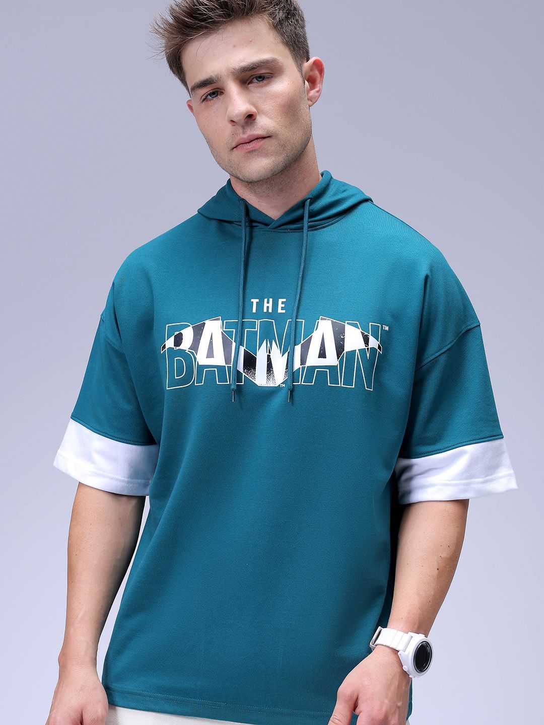 The Indian Garage Co Men Oversized Batman Printed Overhead Hooded Sweatshirt