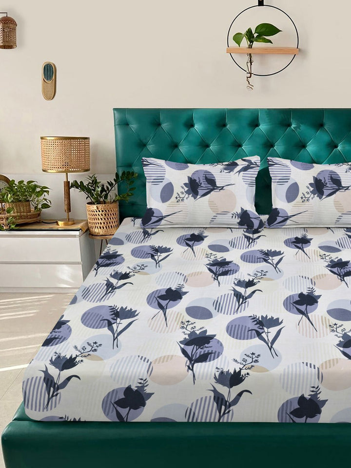 KLOTTHE Blue Floral Printed Dilengkapi 300 TC Double King Fine Bedsheet Dengan 2 Sarung Bantal