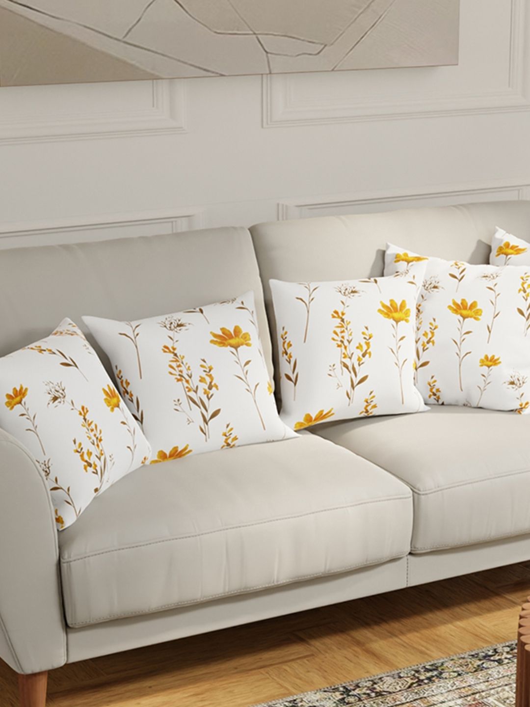 URBAN SPACE Yellow & White 5 Pieces Floral Square Cushion Covers