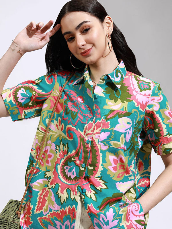 Tokyo Talkies Women Mui Printed Button Down Half Slleve Shirt