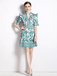 all about you Women Floral Print Puff Sleeve Ruffled A-Line Mini Dress