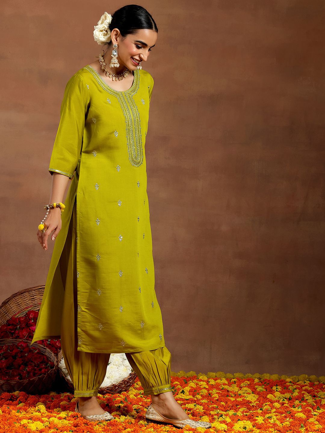 Libas Floral Embroidered Sequinned Straight Kurta with Salwar & With Dupatta